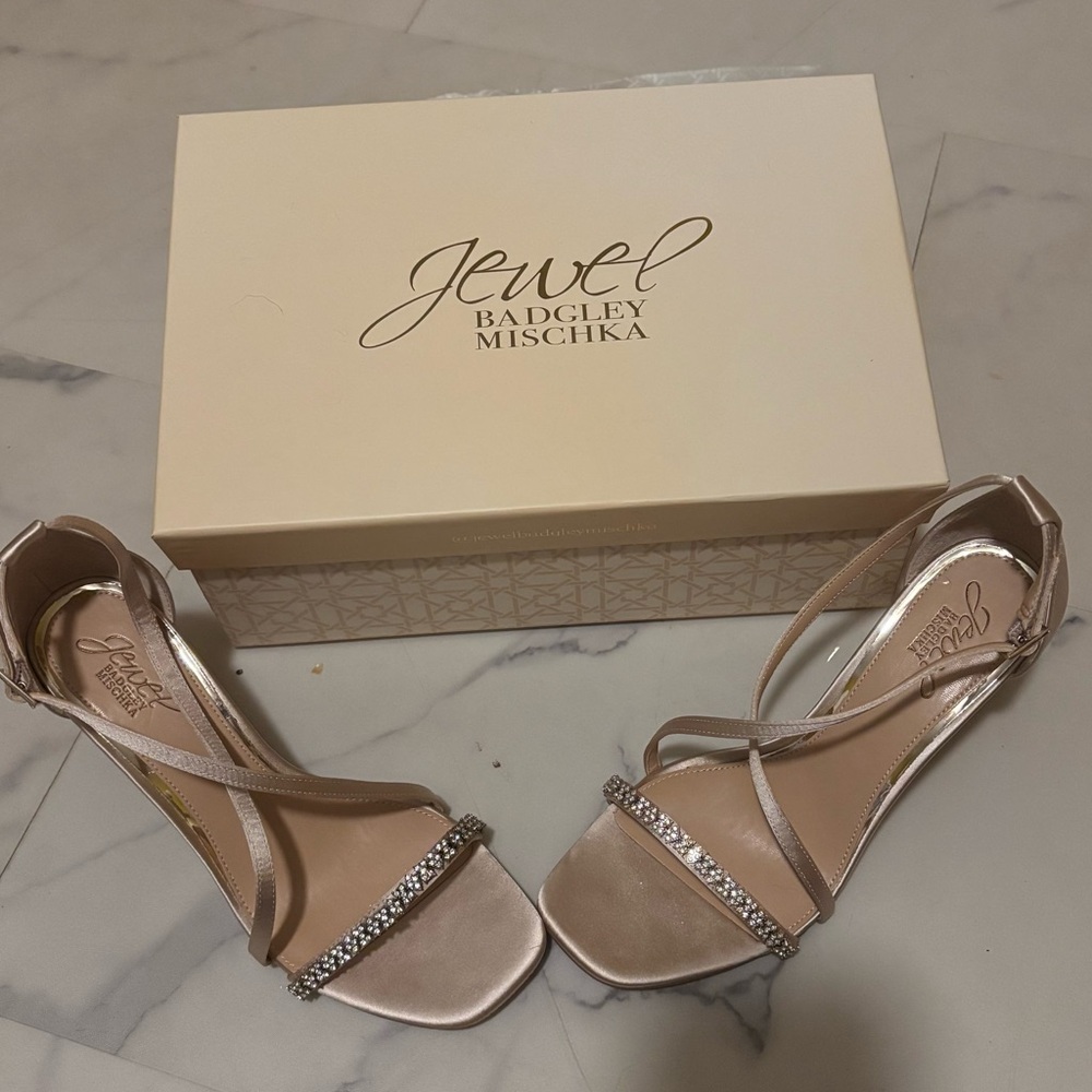 Jewel Badgley Mischka Champagne Satin Crystal Strap Heels